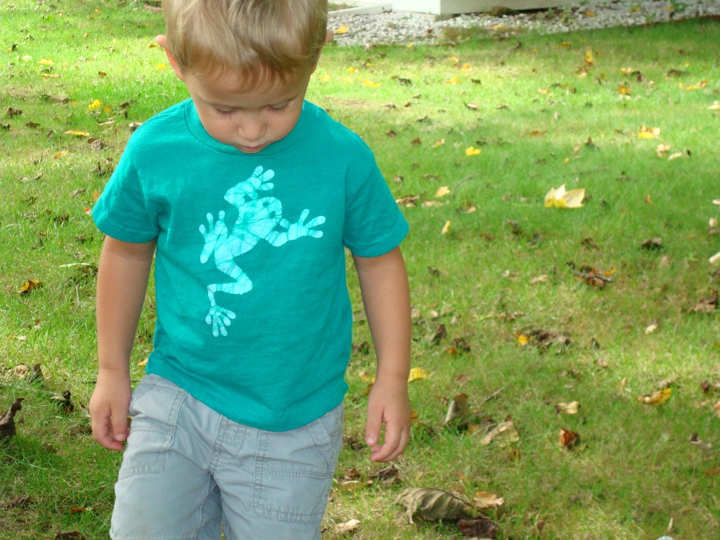 A green shirt worn by a child that is male with a light green frog on the front of the shirt
